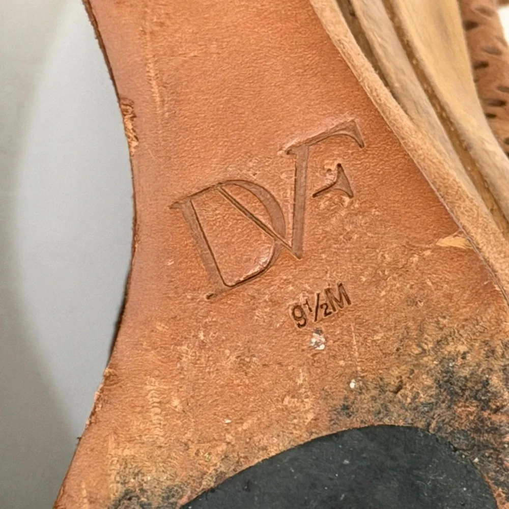 Diane von Furstenberg DVF Wedge Sandals 9.5M Brown Suede Perforated Wood Heel